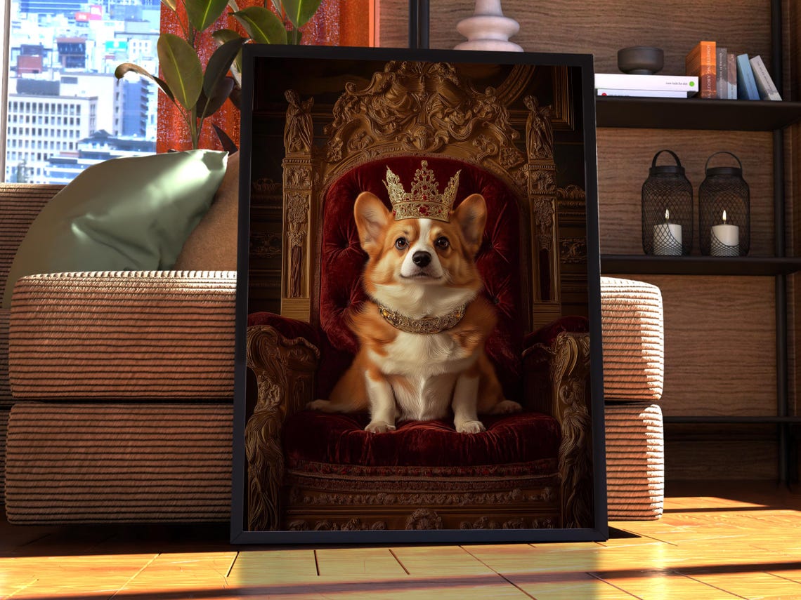 Royal Crown Corgi Portrait On Throne Funny Regal Dog Lover Gift Poster