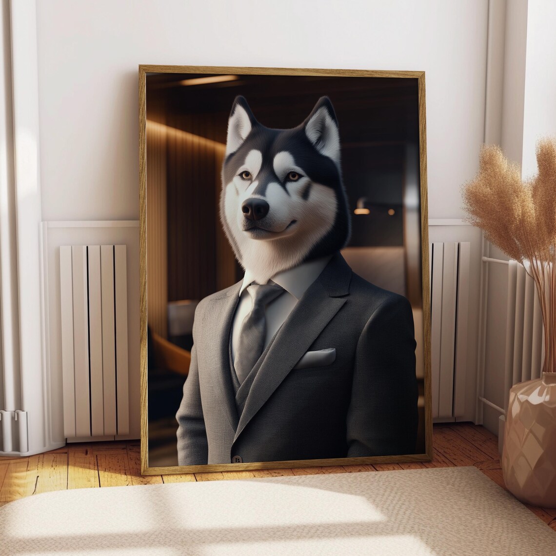 Siberian Husky in a Grey Suit Confident Dog Portrait Poster for Fans