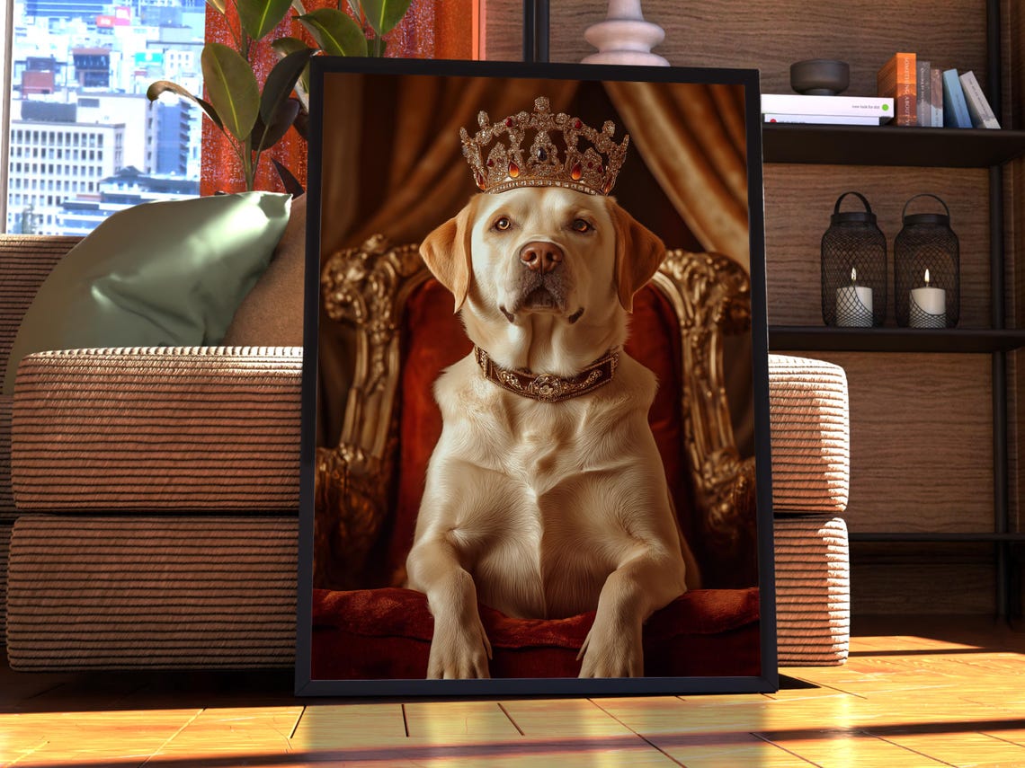 Golden Labrador Royal Portrait Crowned Dog on Red Throne Poster