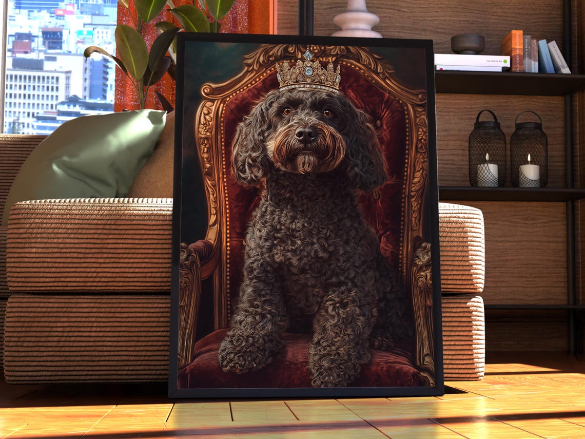 Brown Curly Dog Royal Crown Velvet Throne Portrait Poster Pet
