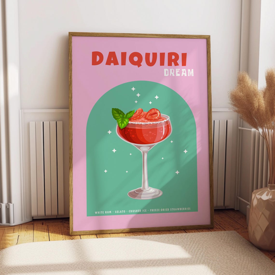 Daiquiri Dream Strawberry Cocktail Poster Pink Green Retro Bar Art