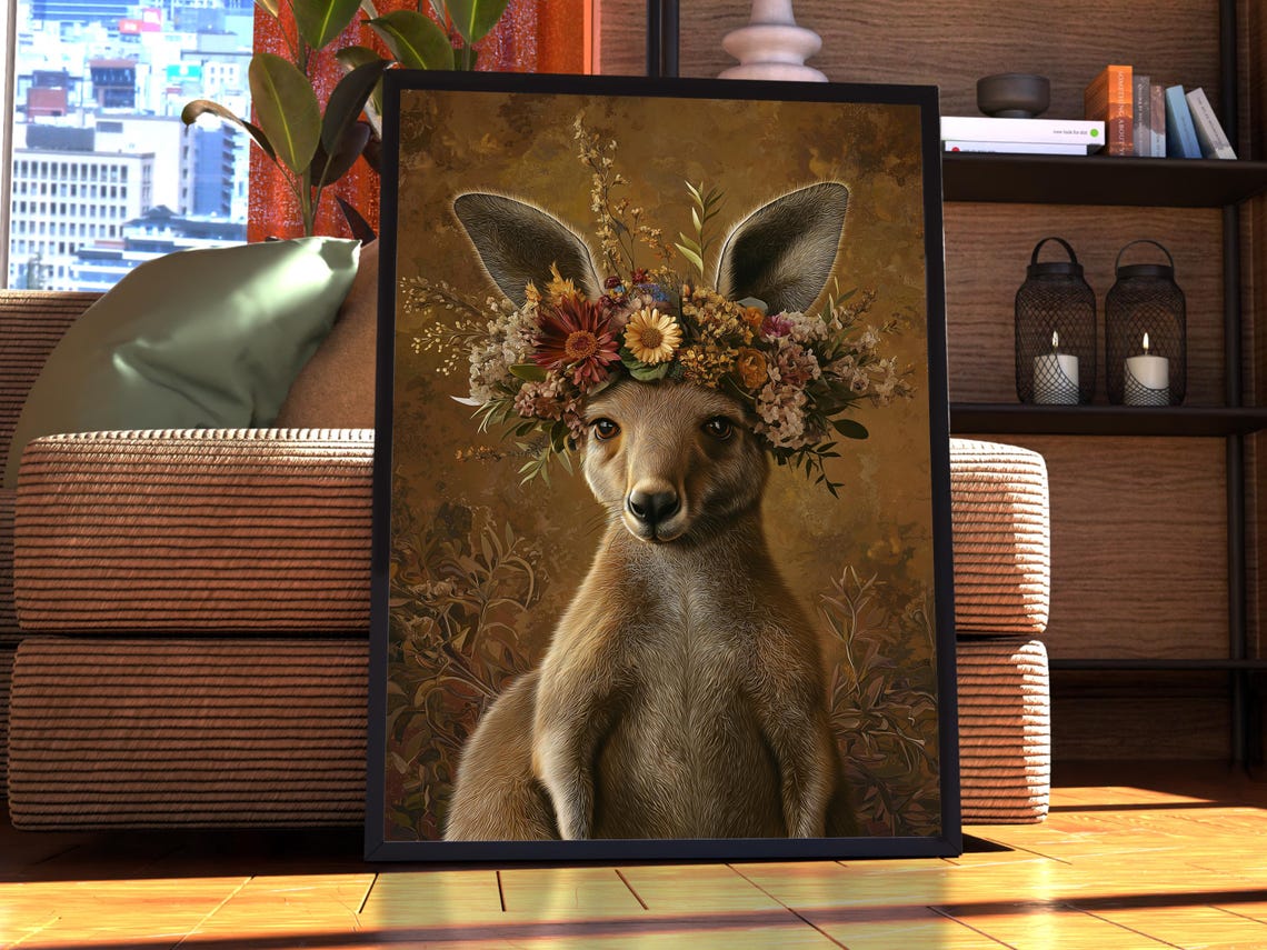 Kangaroo Floral Crown Portrait Golden Vintage Wildlife Poster