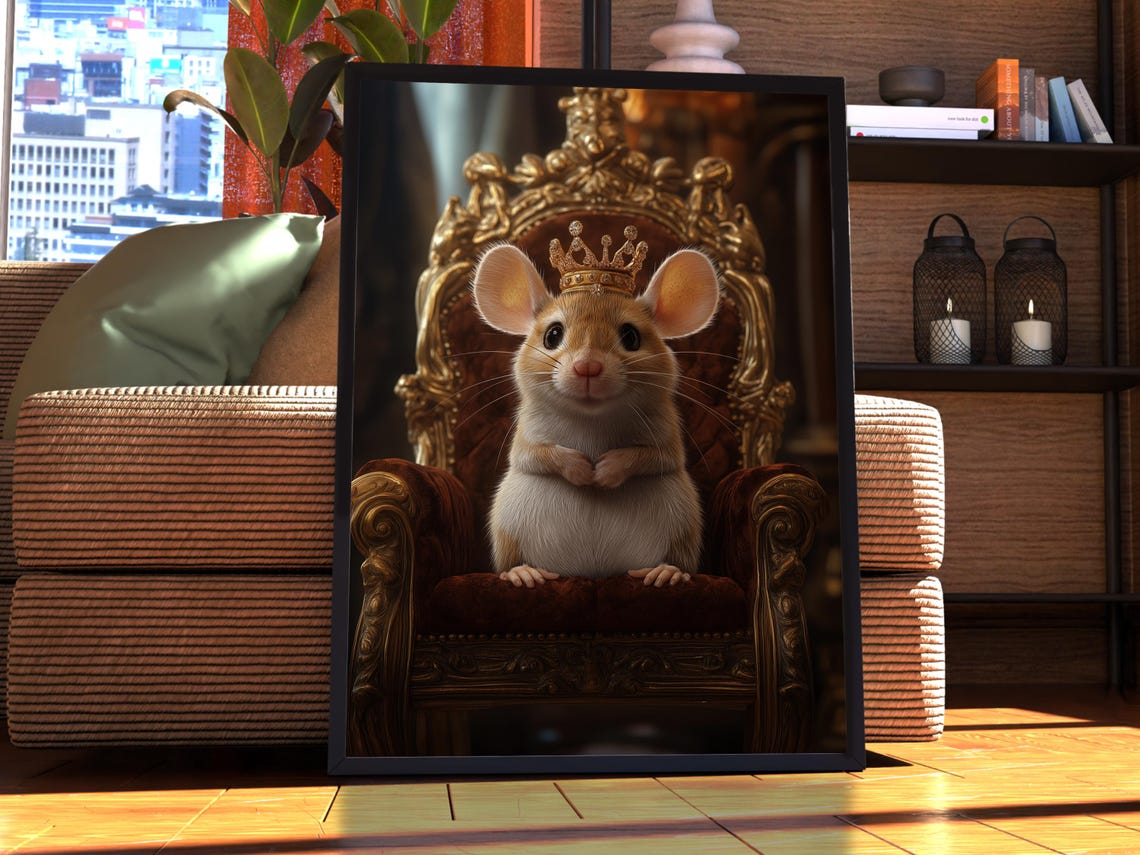 Cute Mouse Royal Portrait Crown Velvet Throne Whimsical Pet Poster
