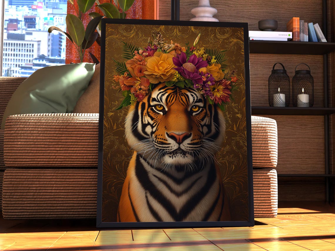 Golden Tiger Floral Crown Ornate Damask Background Portrait Poster