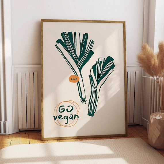 Go Vegan Leek Hand Drawn Vegetable Kitchen Decor Healthy Poster