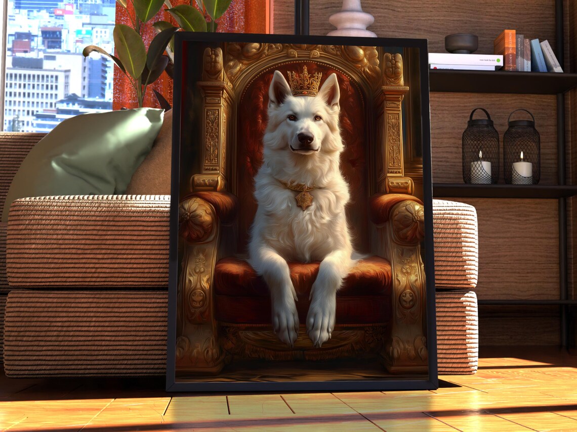 White German Shepherd Royal Portrait Poster, Custom Dog Art