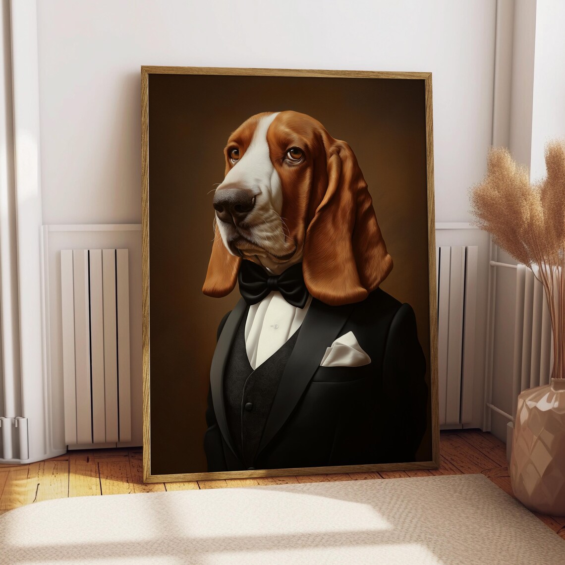 Basset Hound in Black Tuxedo Bow Tie Funny Dapper Dog Art Print