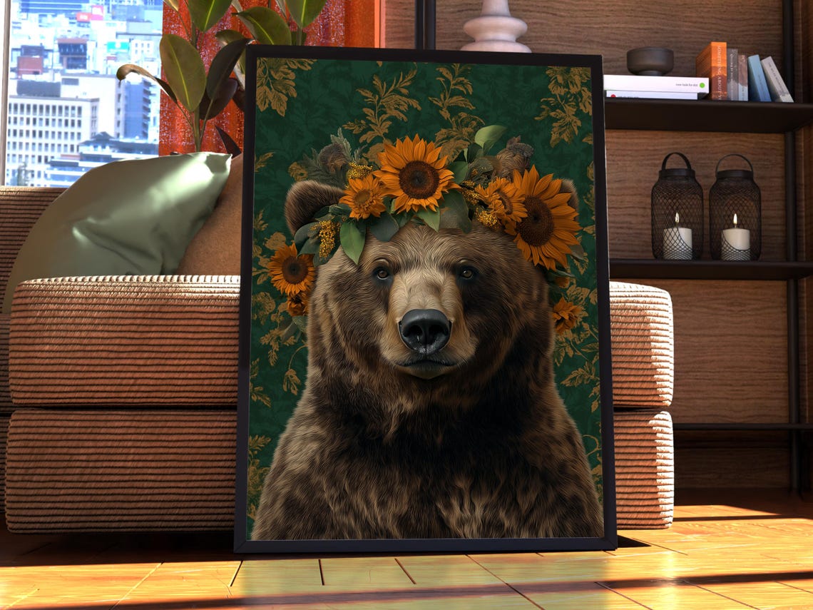 Brown Bear Wearing a Sunflower Crown Botanical Portrait Poster