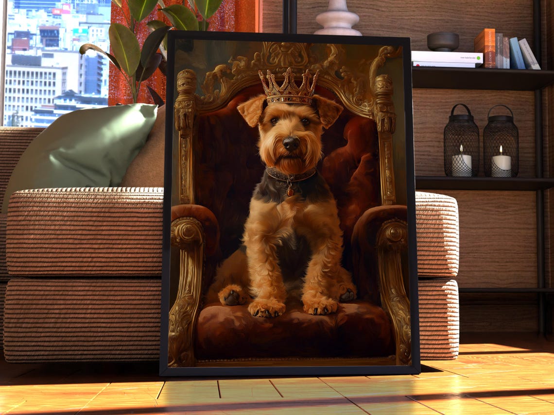Regal Airedale Terrier Crown Throne Portrait Royal Dog Art Poster
