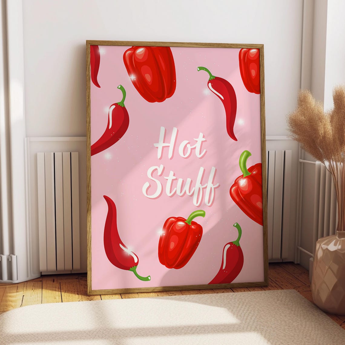 Hot Stuff Red Chili Peppers Pink Kitchen Spicy Decor Food Poster