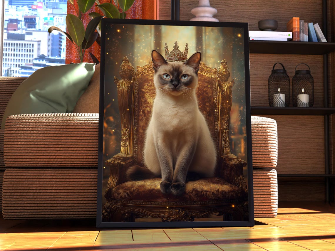 Siamese Cat With Crown On Golden Throne Majestic Royal Pet Poster
