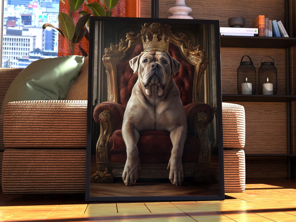 French Mastiff Royal Crown Throne Dog Portrait Funny Wall Art