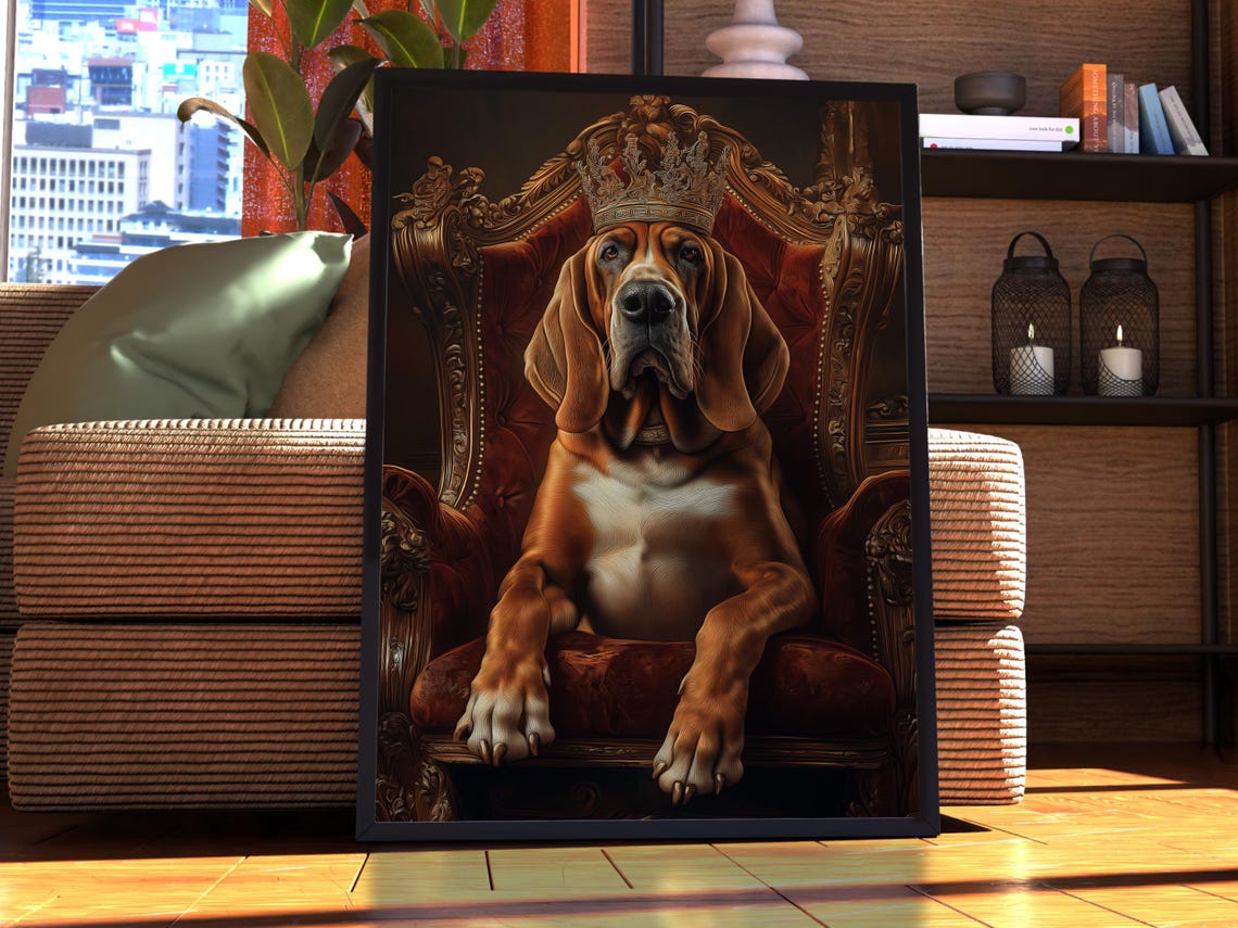 Funny Bloodhound Royal Crown Throne Portrait Regal Dog Art Poster