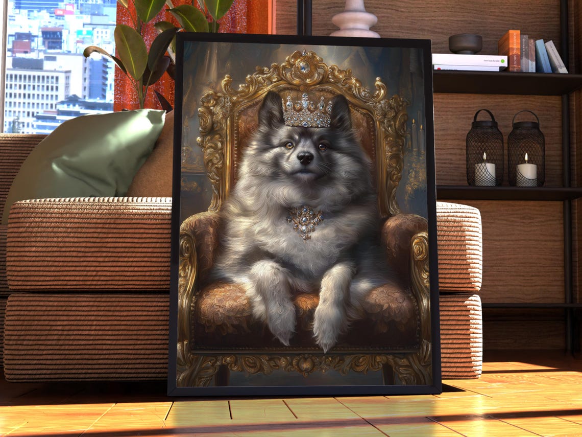 Fluffy Grey Dog Wearing a Crown on Golden Throne Regal Poster