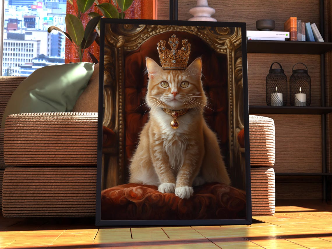 Regal Ginger Cat in Golden Crown on Red Velvet Throne Animal Poster