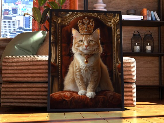 Regal Ginger Cat in Golden Crown on Red Velvet Throne Animal Poster