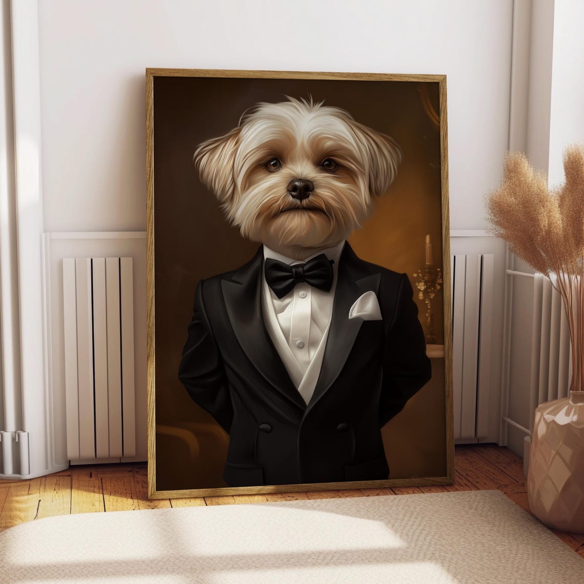 Maltese Dog in a Classic Black Tuxedo with Bow Tie Pet Portrait Poster