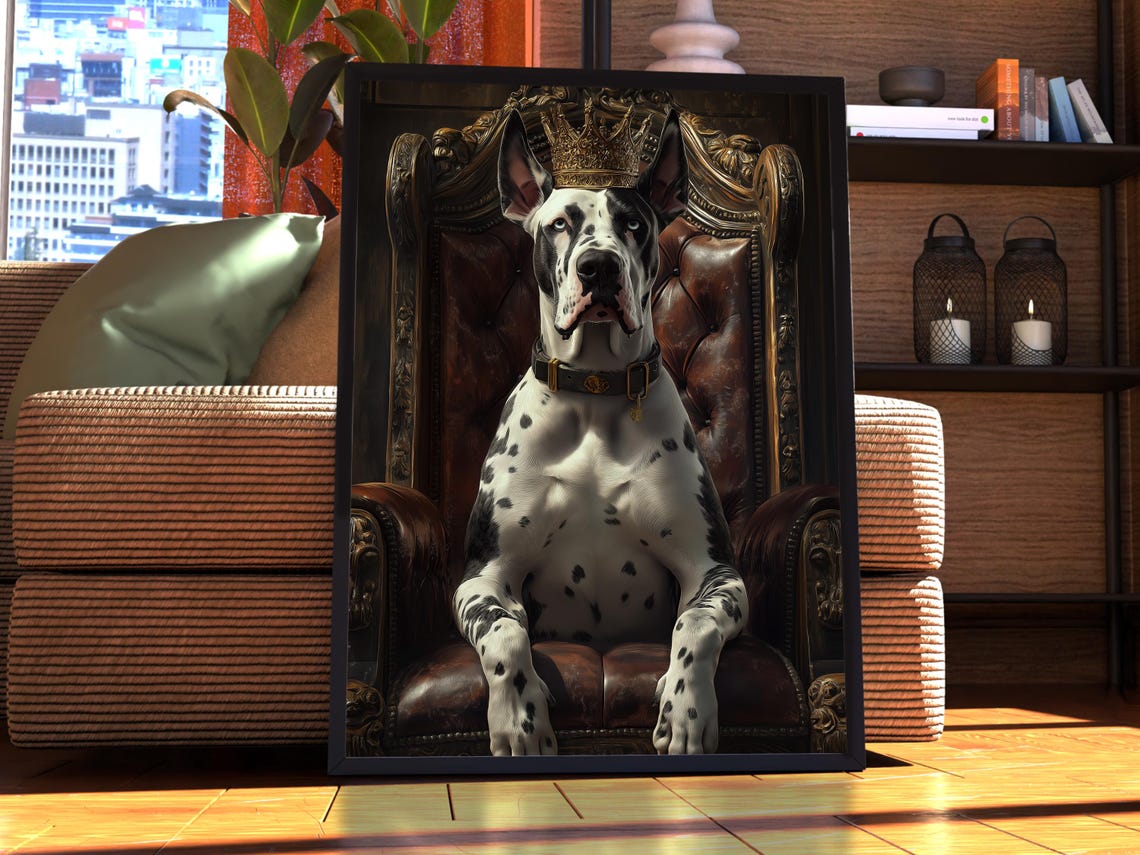 Harlequin Great Dane Royal Portrait Crowned Dog Throne Poster
