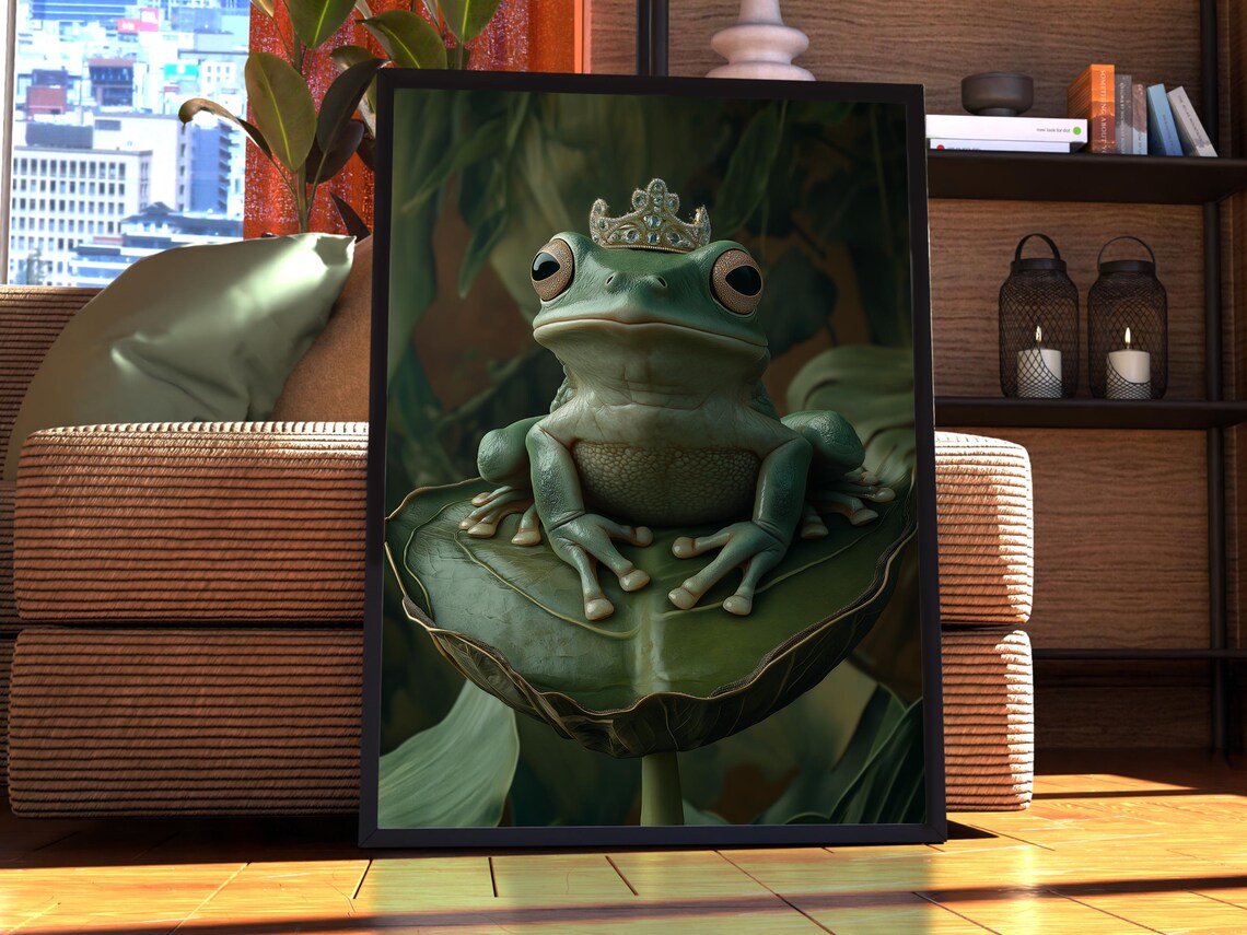 Frog Prince with Golden Crown on Lily Pad Cute Animal Poster