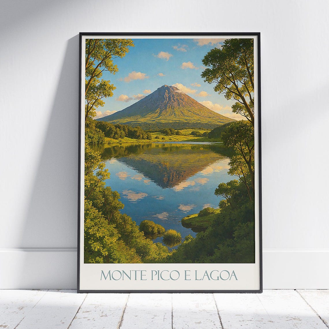 Monte Pico Volcano Mirror Lake Reflection Azores Islands Travel Poster
