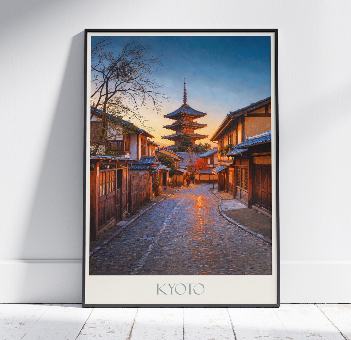 Kyoto Japan Historic Pagoda Street at Sunset Painted Travel Poster