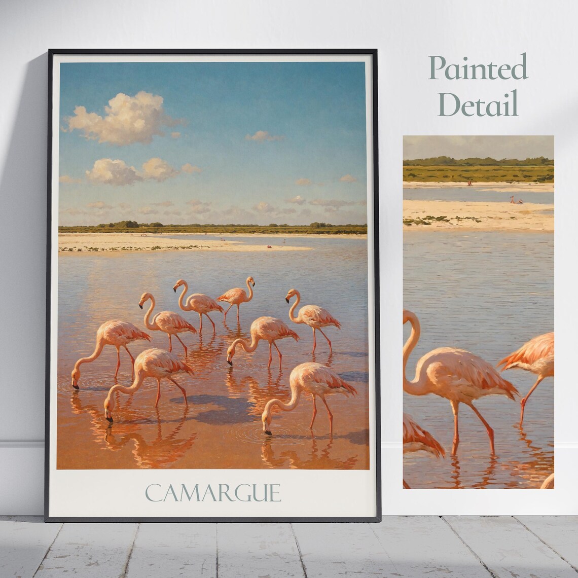 Camargue France Pink Flamingos Wading Wetlands Painted Nature Poster