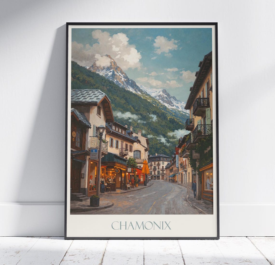 Chamonix France Alpine Street Painted Travel Poster Mountain Peaks