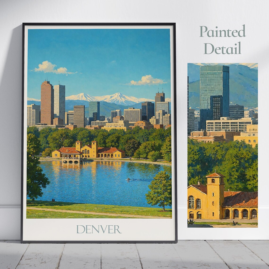 Denver Colorado Skyline Rocky Mountains Lake Park Travel Poster