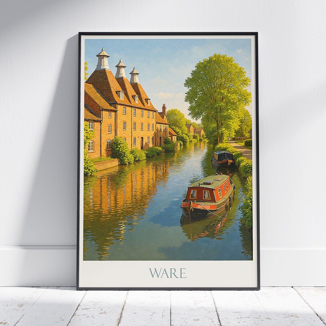 Ware England Canal Narrowboats Historic Maltings Vintage Travel Poster