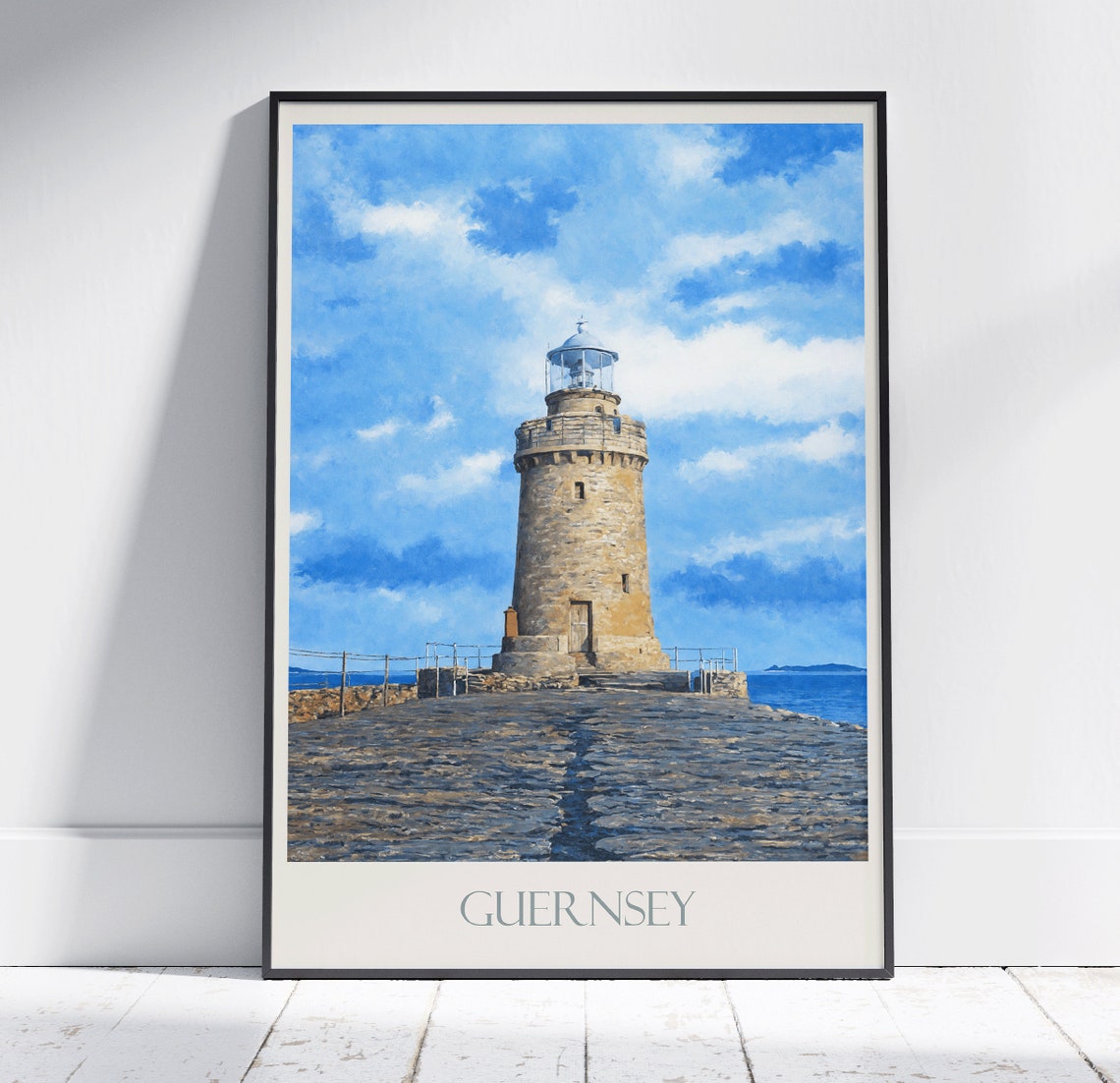 Guernsey Stone Lighthouse Painted Harbor Pier Sea View Poster