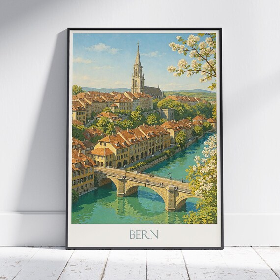 Bern Switzerland Old Town Bridge Cathedral Spring Blossoms Travel Poster