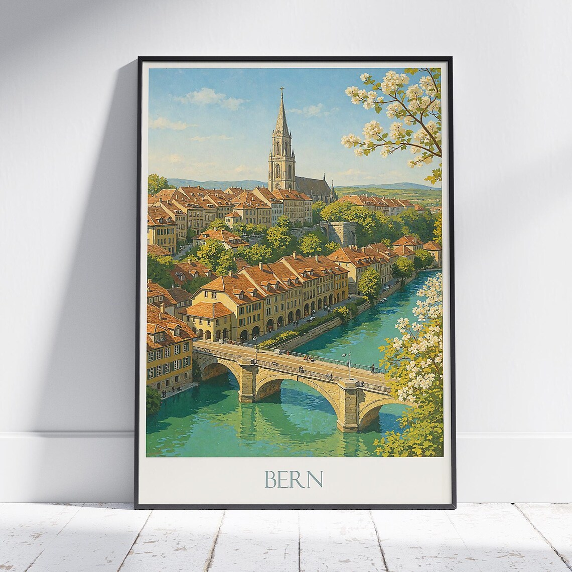 Bern Switzerland Old Town Bridge Cathedral Spring Blossoms Travel Poster
