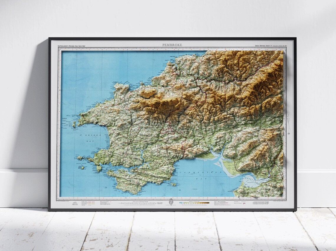 Pembroke Wales 3D Shaded Relief Vintage Atlas Map Art Poster