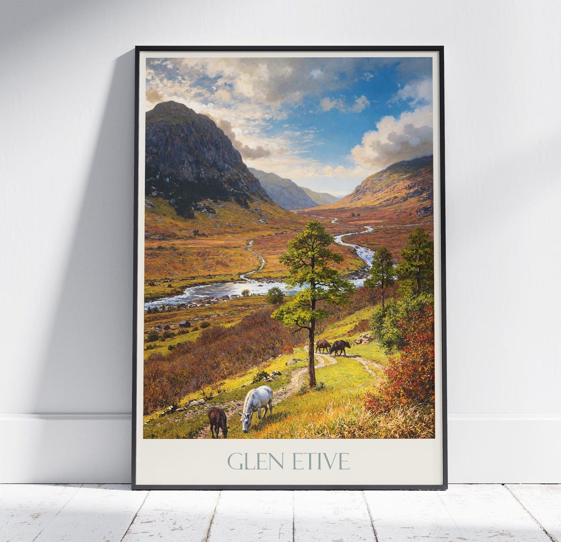 Glen Etive Valley Horses Winding River Scotland Travel Poster Art