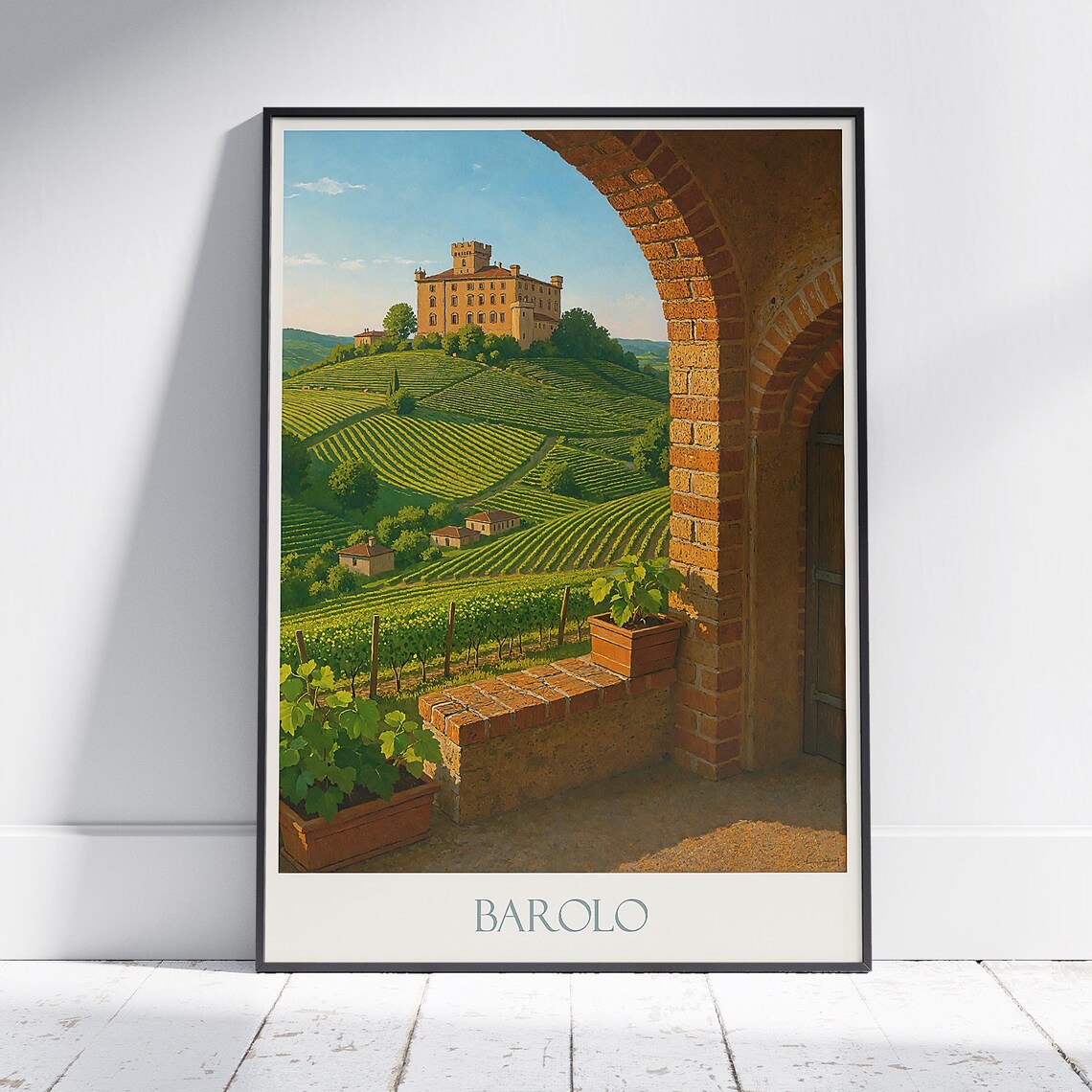 Barolo Piedmont Italy Travel Poster Vineyard Hills Castle Wine Scene
