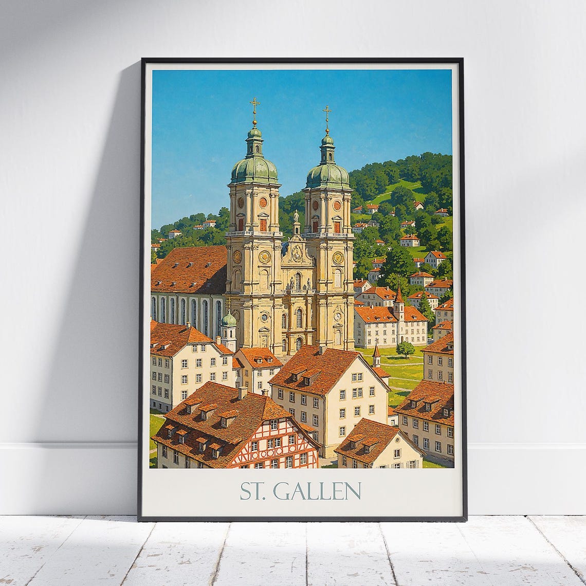 St Gallen Abbey Twin Spires Above Half-Timbered Town Roofs Poster