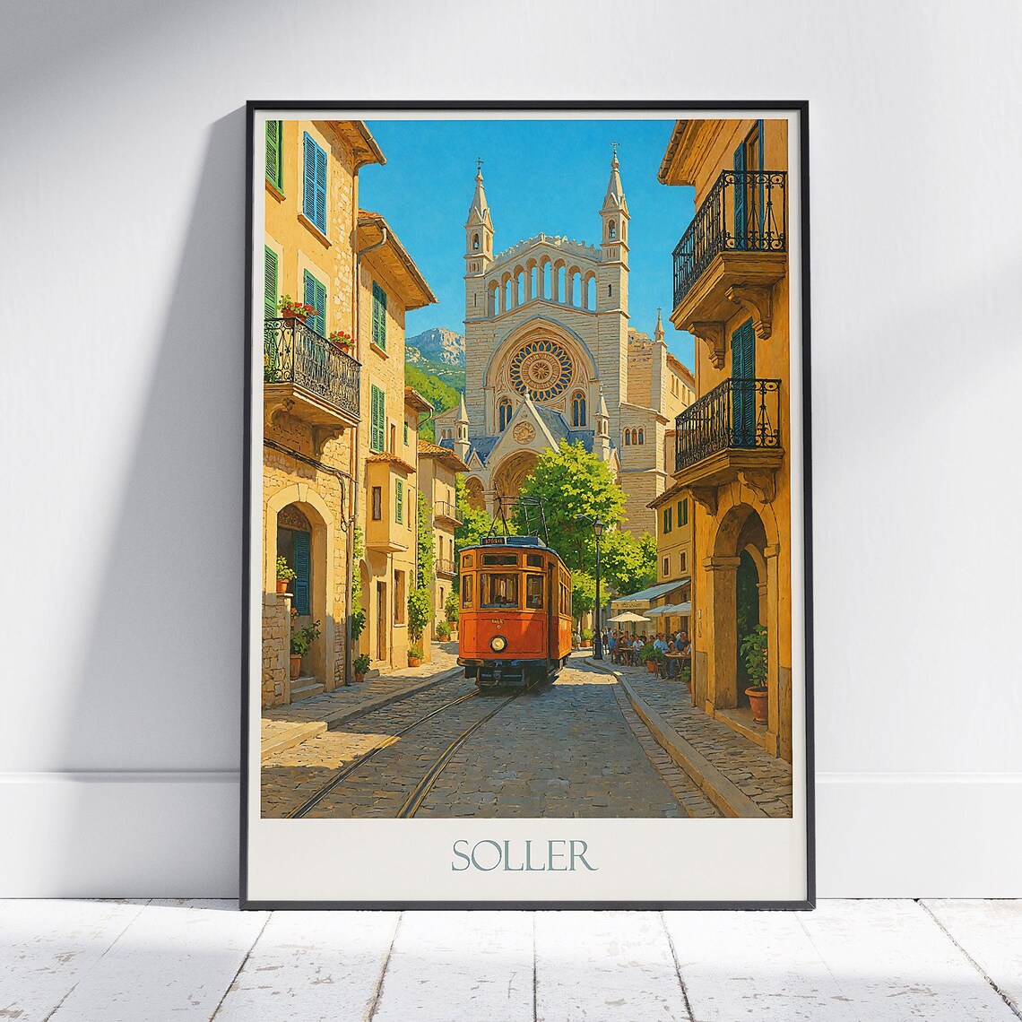 Soller Mallorca Tram Street Cathedral Retro Spain Travel Poster