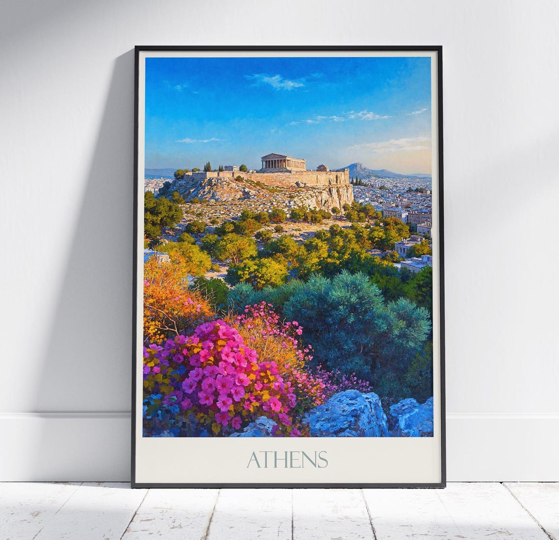 Athens Acropolis Painted View With Bougainvillea And Blue Sky Poster