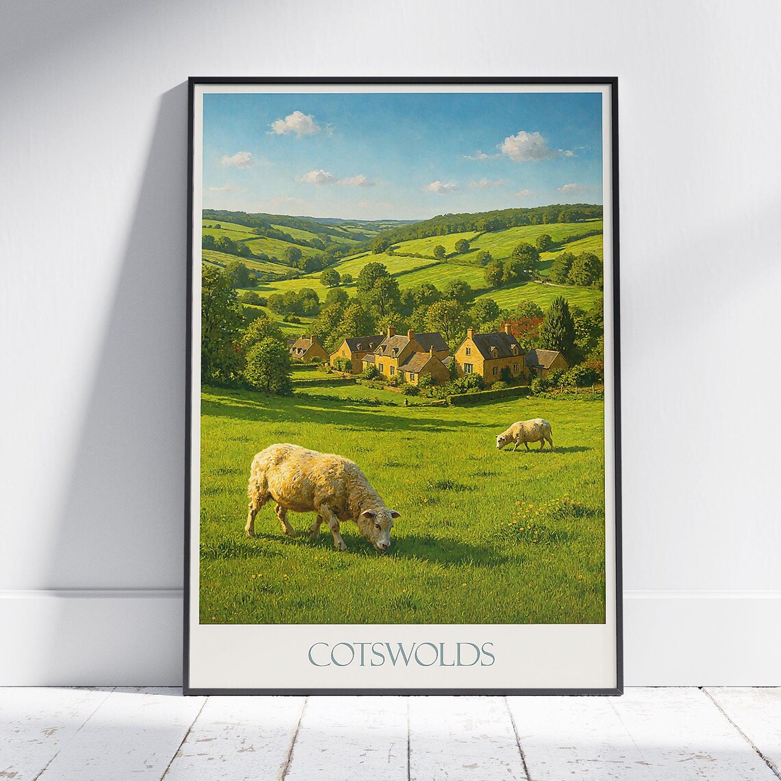 Cotswolds England Sheep Pasture Village Vintage Travel Art Poster