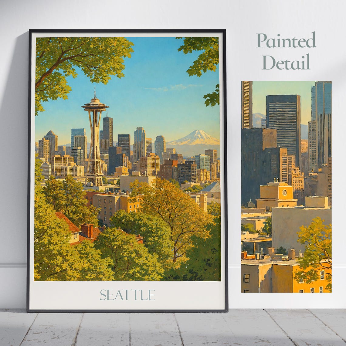 Seattle Space Needle Skyline Mount Rainier Golden Trees Painted Poster
