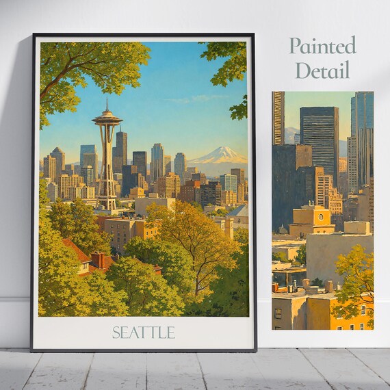 Seattle Space Needle Skyline Mount Rainier Golden Trees Painted Poster