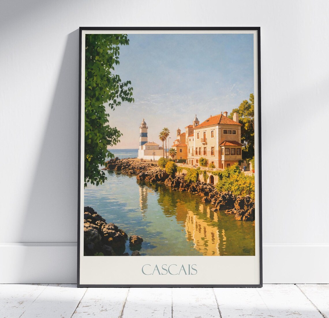 Cascais Portugal Coastal Lighthouse Scene Vintage Travel Poster