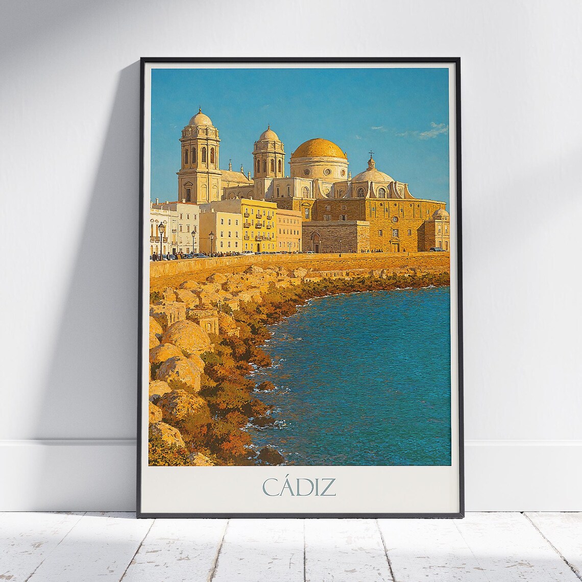 Cádiz Spain Travel Poster of Golden Cathedral Overlooking the Sea