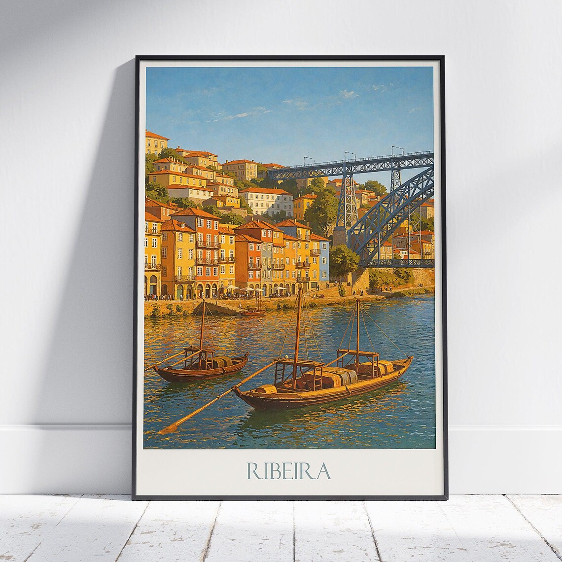 Ribeira Porto Portugal Rabelo Boats Douro River Vintage Travel Poster