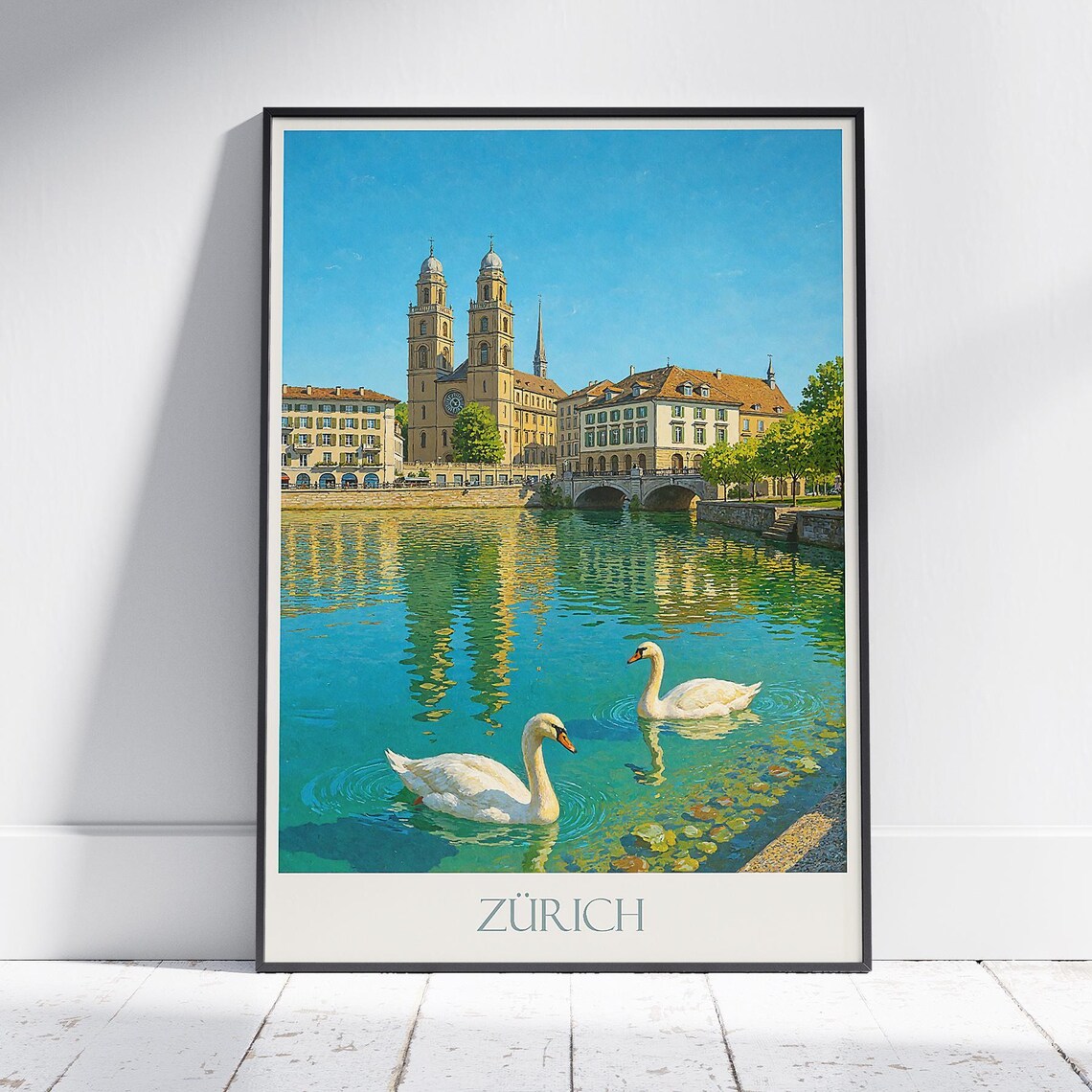 Zurich Switzerland Grossmunster Church Limmat River Swan Scene Poster