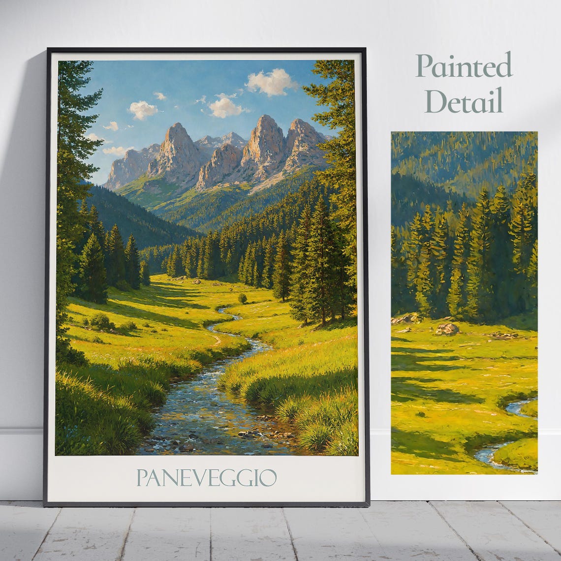Paneveggio Dolomites Meadow Poster with Alpine Stream and Peak Art