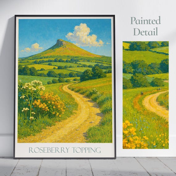 Roseberry Topping Travel Poster Yorkshire Uk Landscape Art Print Painted Wall Decor England Hiking Gift