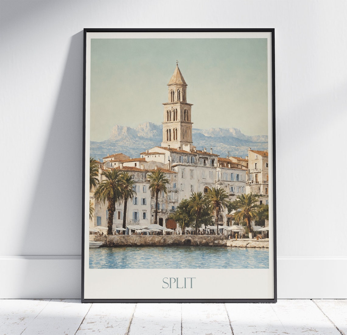 Split Croatia Waterfront Painted Travel Poster Palm Trees Bell Tower