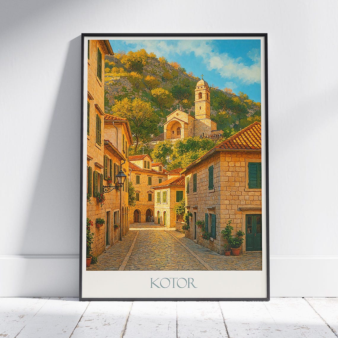 Kotor Montenegro Old Town Stone Street Church Painted Travel Poster
