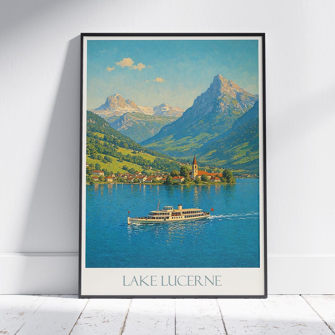 Lake Lucerne Switzerland Steamer Boat Mountains Travel Poster